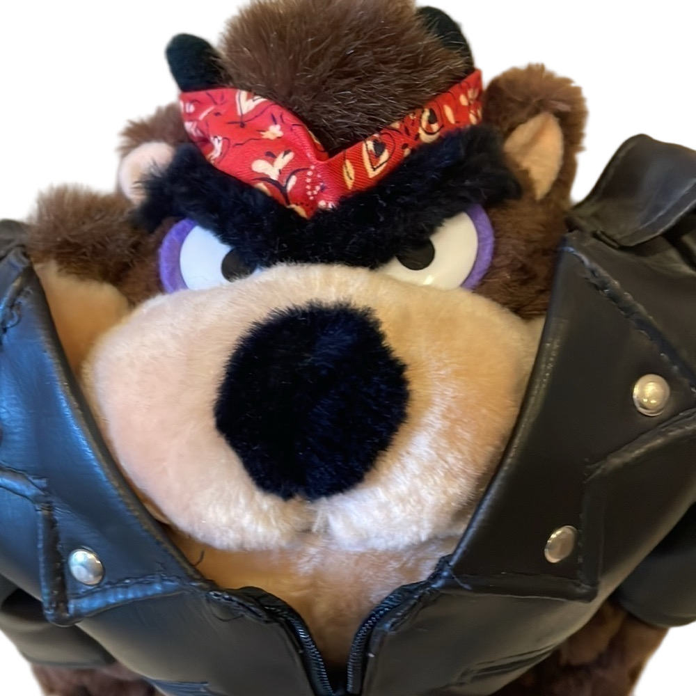 Vintage 1992 Tasmanian Devil Plush Motorcycle Biker Jacket with Bandana - Picture 2 of 6
